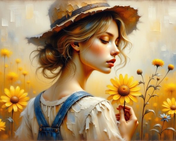 Young Woman in Field of Yellow Daisies and Straw Hat