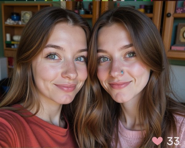 Young Women Posing with Joyful Expressions and Colorful Decor