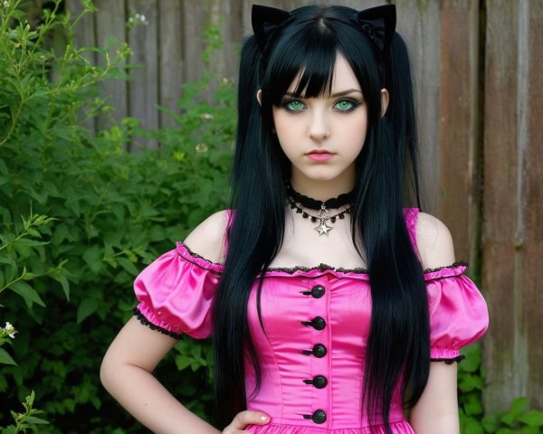 Young woman in pink dress with cat ears in nature