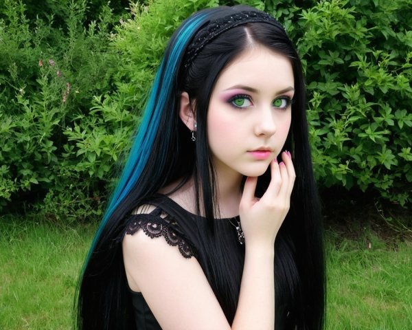 Young woman with black hair and blue highlights outdoors