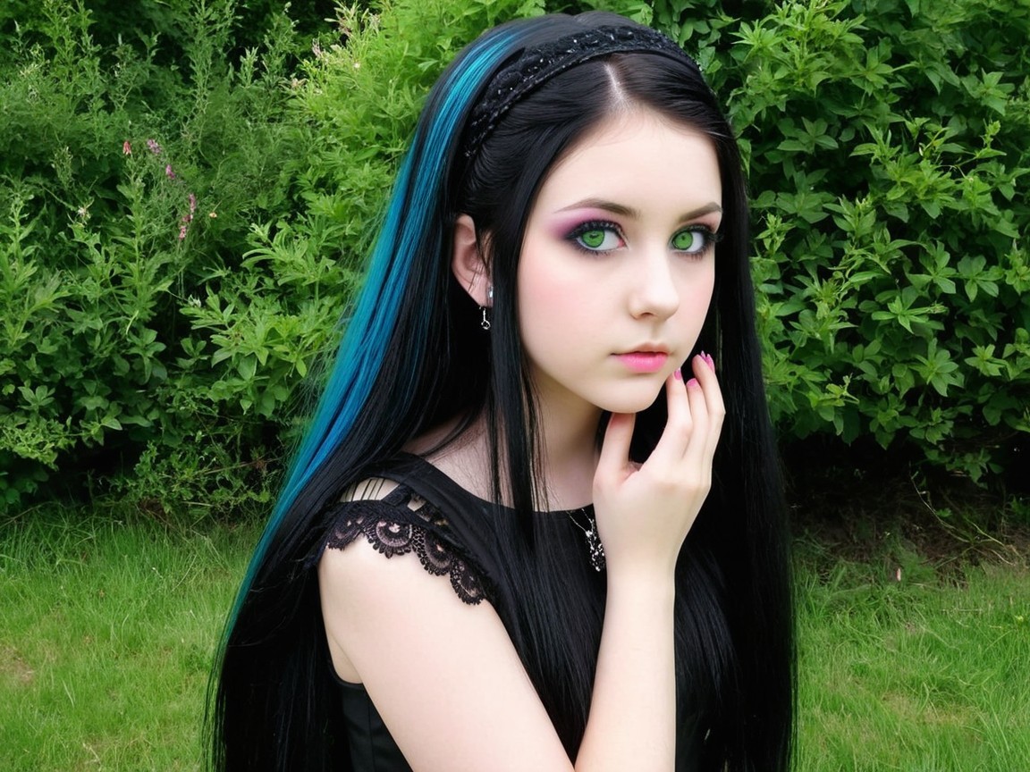 Young woman with black hair and blue highlights outdoors