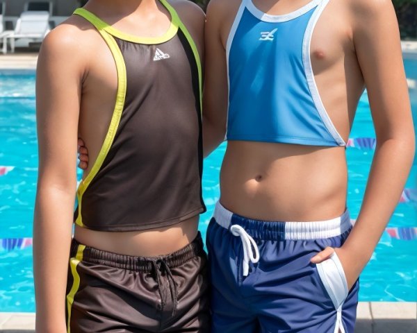 Boys Smiling by Pool in Summer Attire and Setting