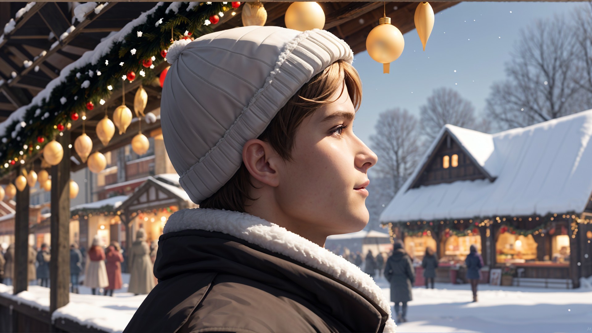 Young Boy at Festive Market in Winter Scene