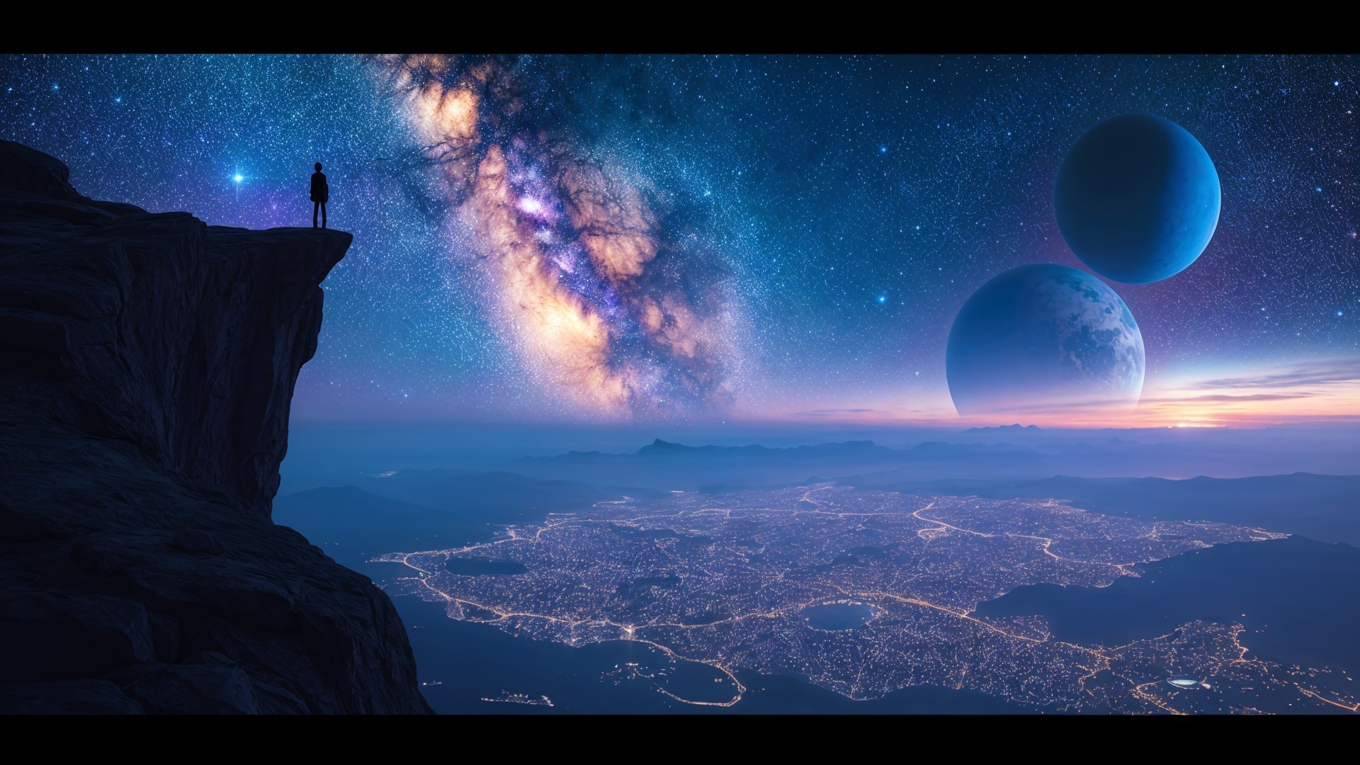 Solitary Figure Overlooks City Lights and Starry Sky