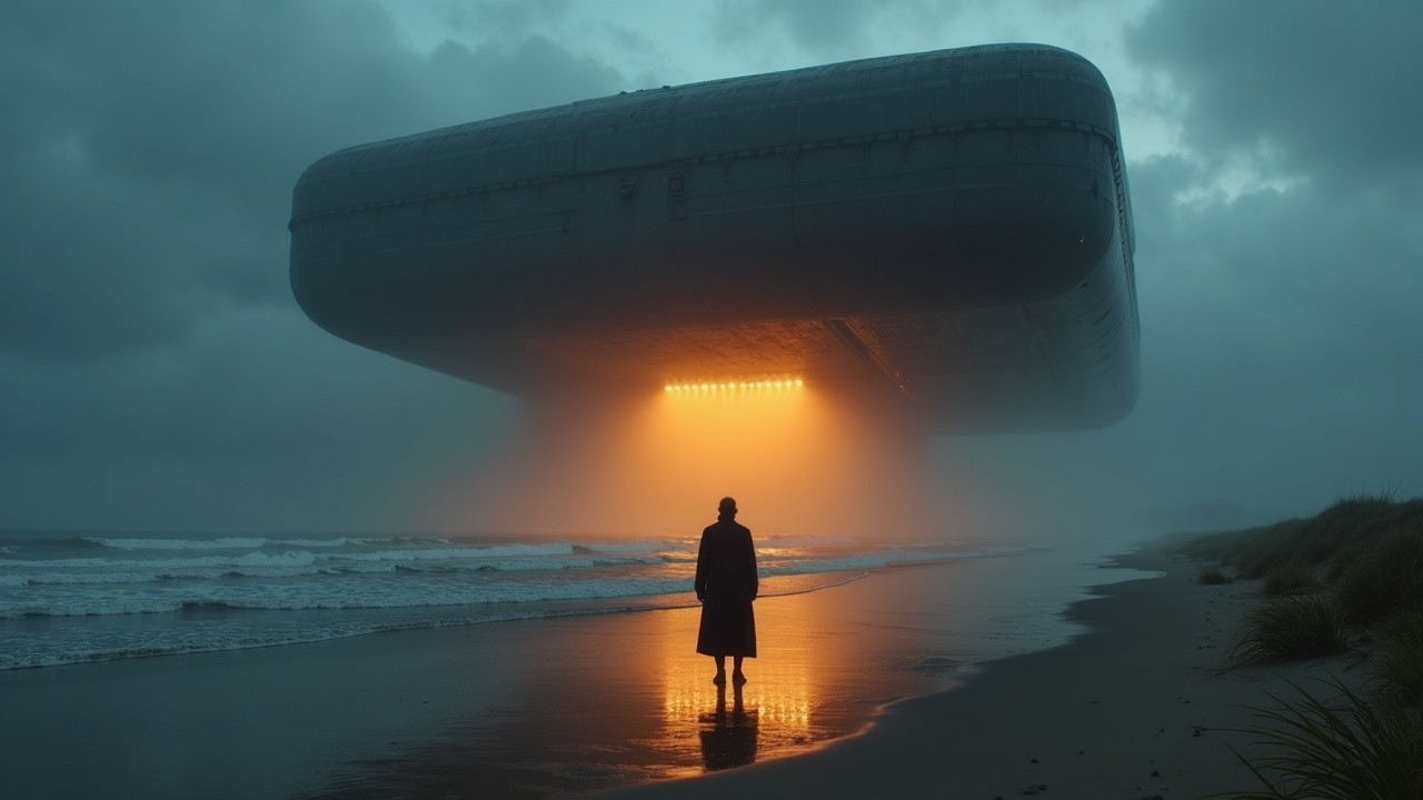 Solitary Figure on Misty Beach with Futuristic Spaceship