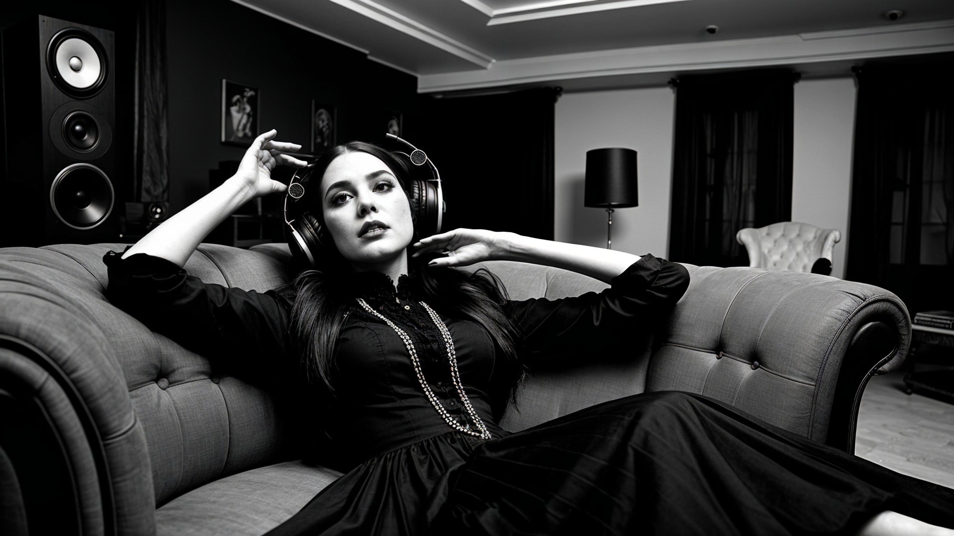 Woman Relaxing on Gray Sofa with Headphones