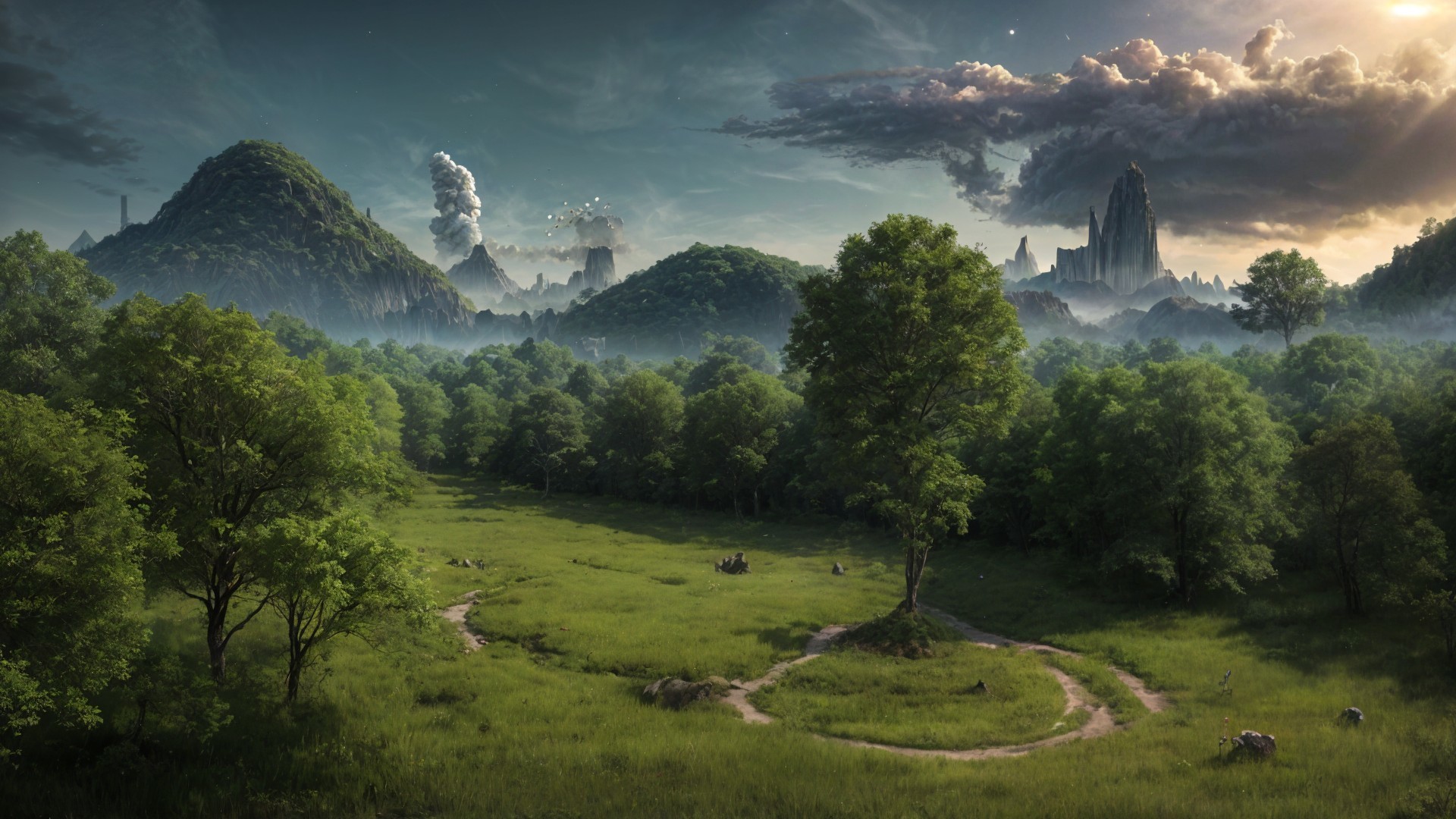 Serene Landscape with Green Hills and Mountain Range