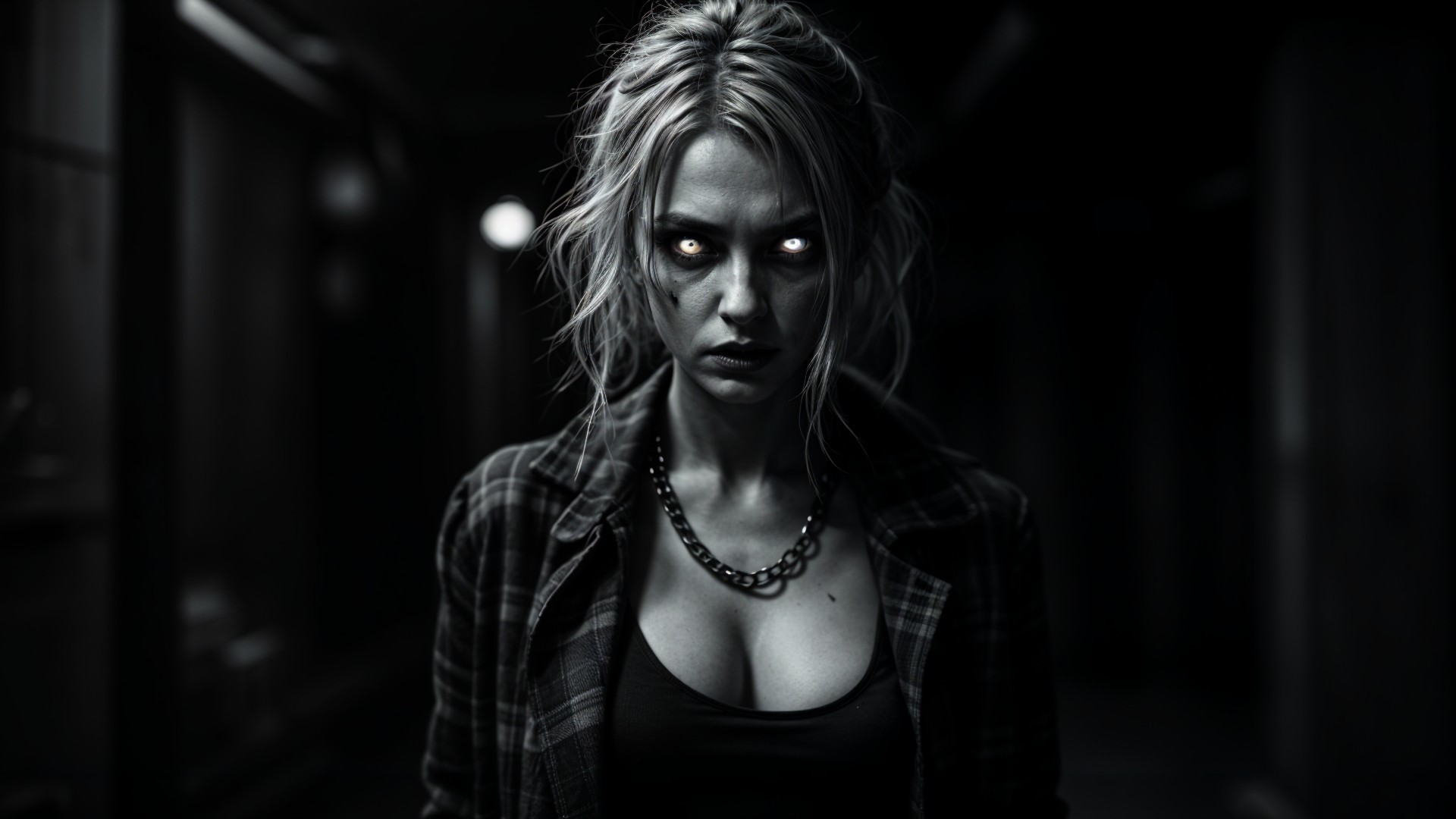 Monochromatic Image of Woman in Dimly Lit Hallway