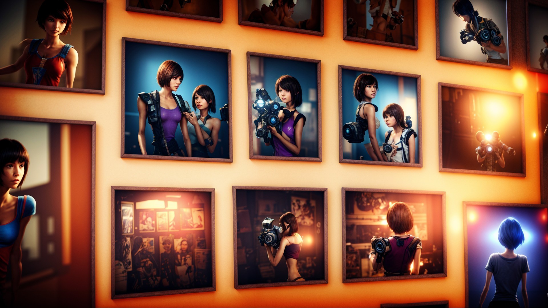 Collage of Framed Photographs on Warm-Toned Wall