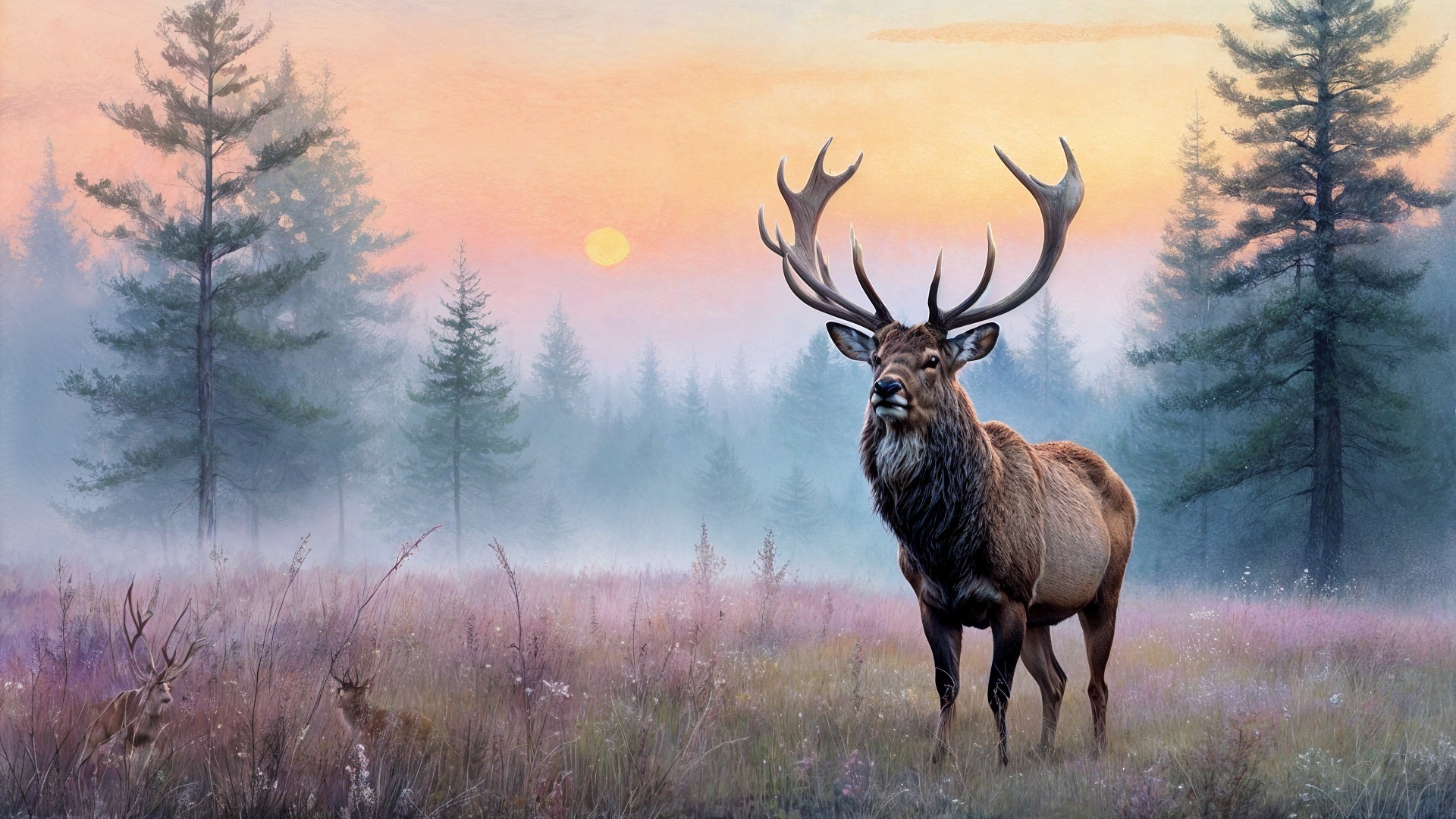 Majestic stag in misty meadow at dawn with sunlight