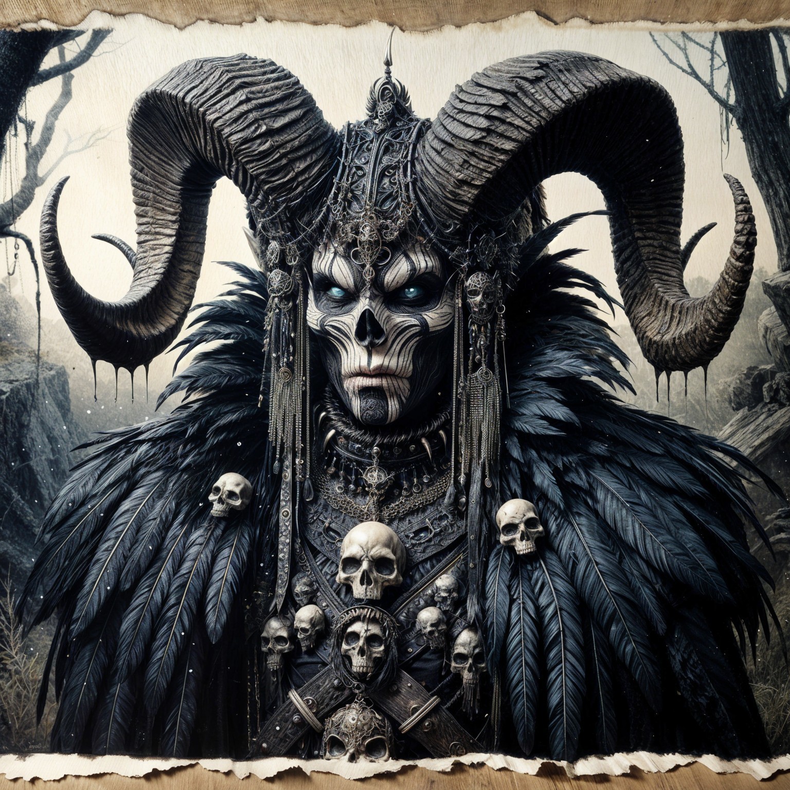 Dark Armored Figure with Horns in Shadowy Landscape
