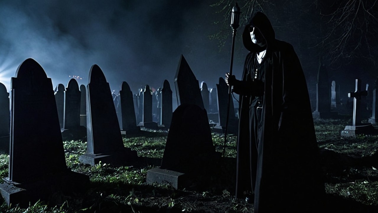 Cloaked Figure in Dimly Lit Graveyard with Fog
