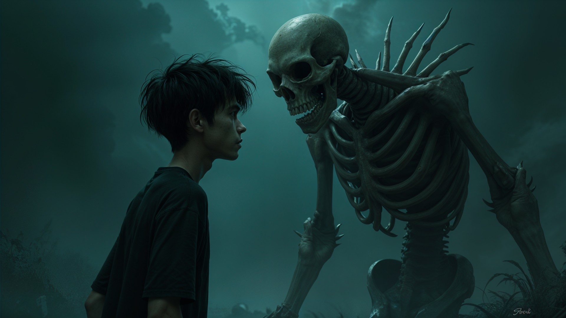 Young person and towering skeleton in dark landscape