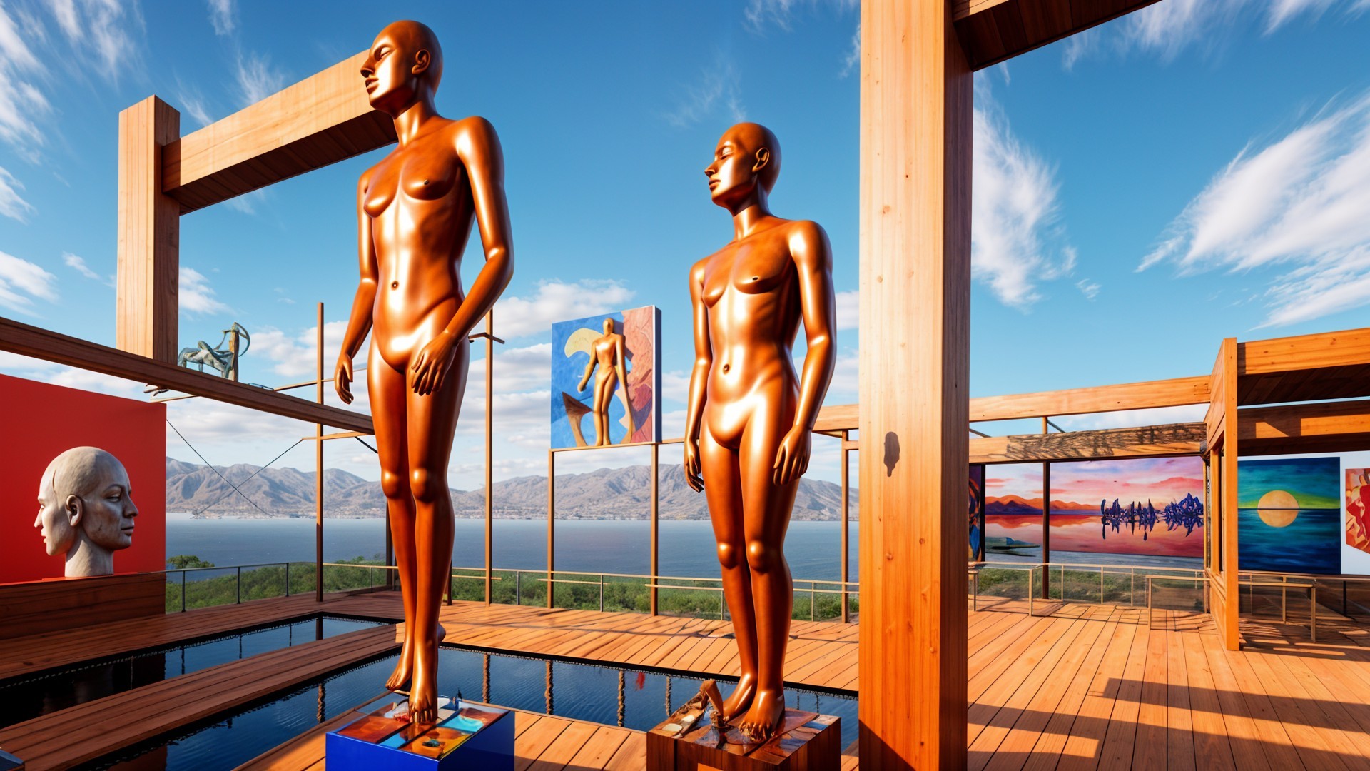 Modern Art Installation with Bronze Mannequins and Paintings
