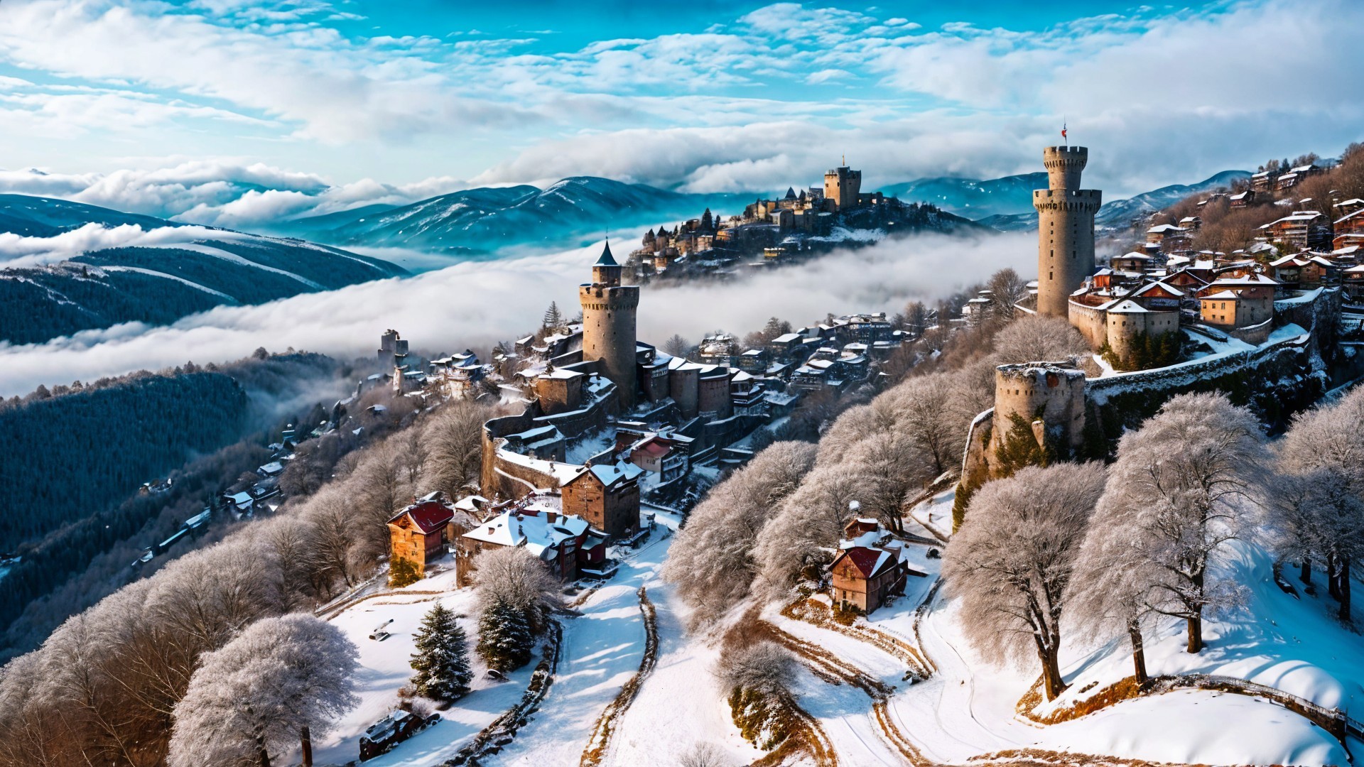 Winter Landscape with Medieval Village and Castles