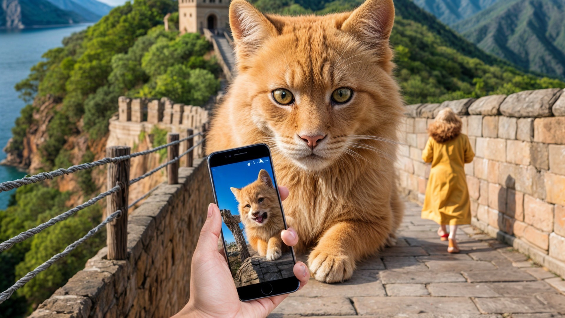 Person in Yellow Coat with Giant Cat at Great Wall