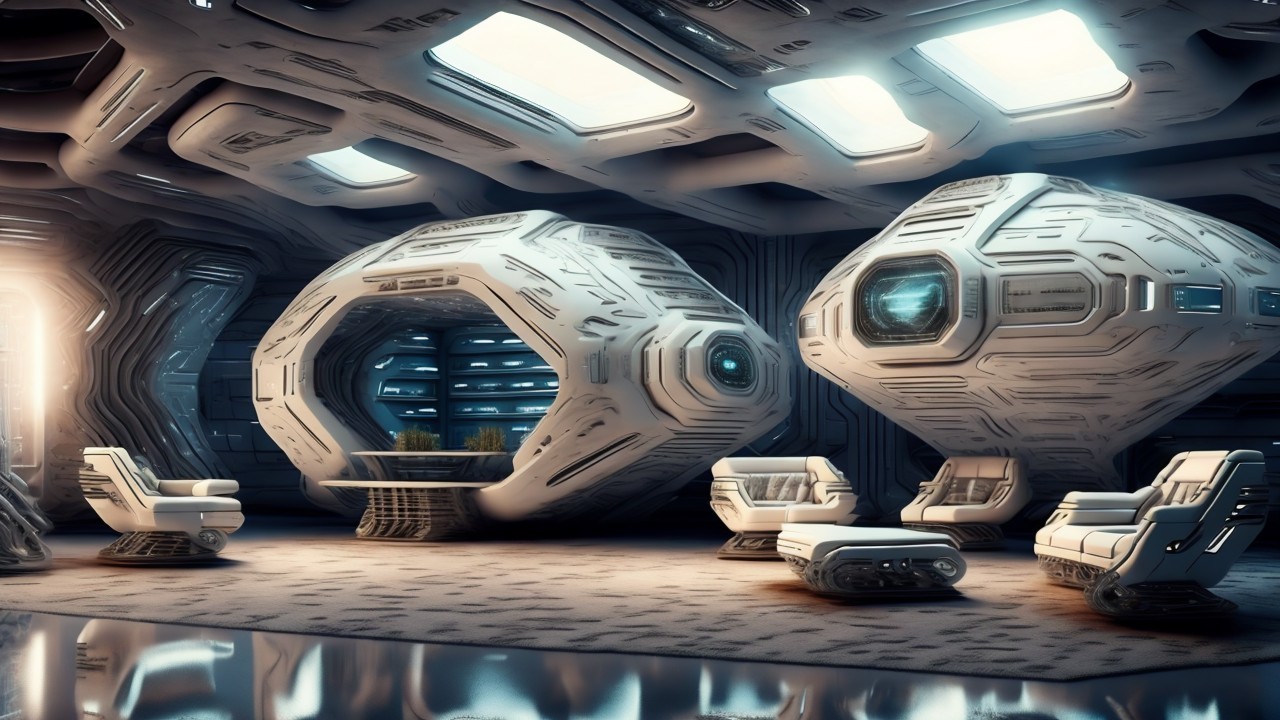 Futuristic Interior with Pod-like Structures and Lighting