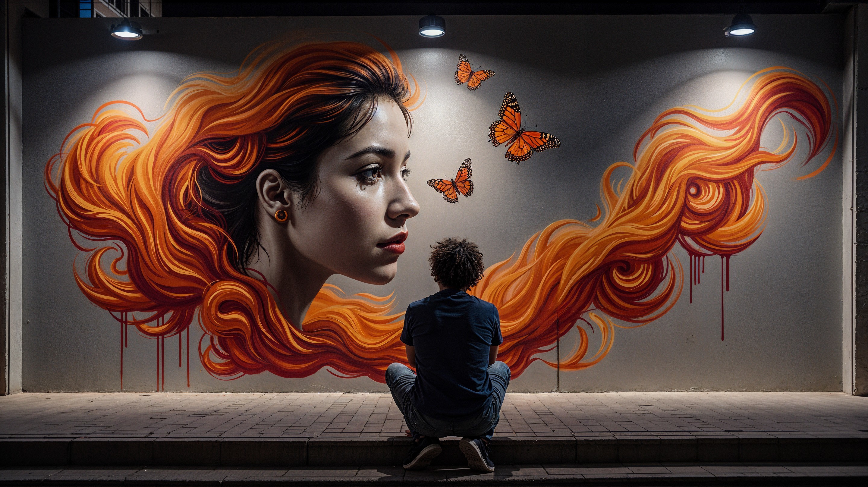 Vibrant Mural of Woman with Orange Hair and Butterflies