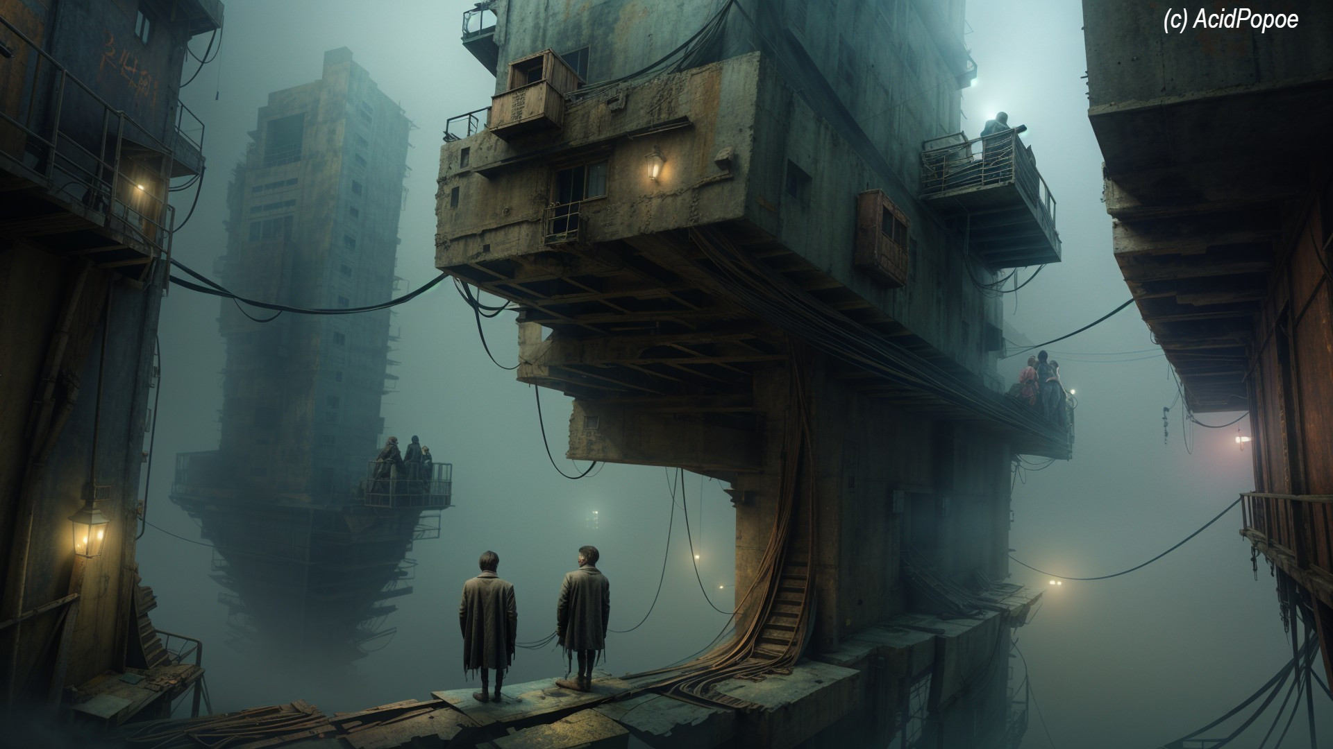 Futuristic Dystopian Landscape with Cloaked Figures