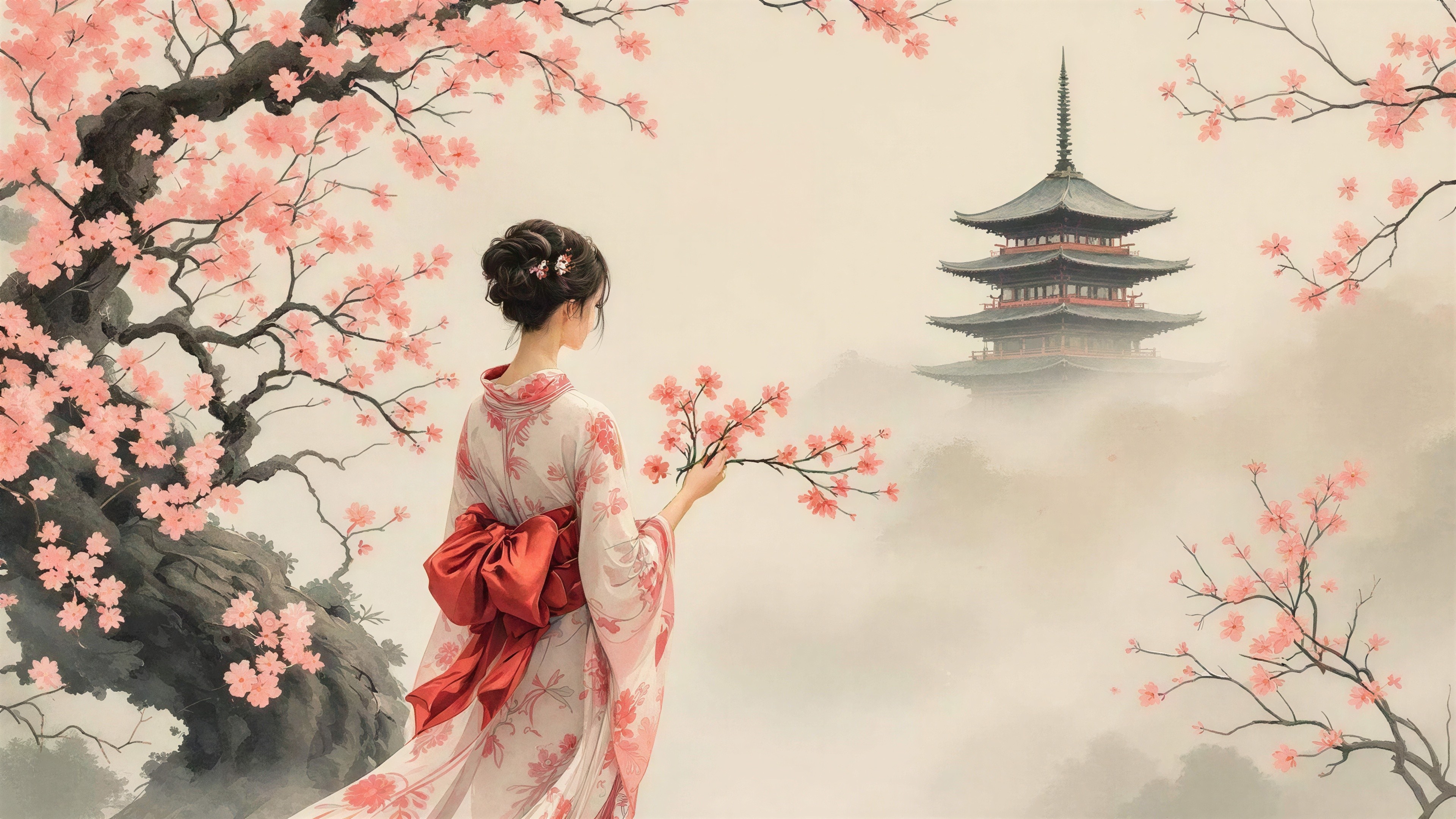 Ethereal Japanese Art of Woman in Kimono Under Blossoms
