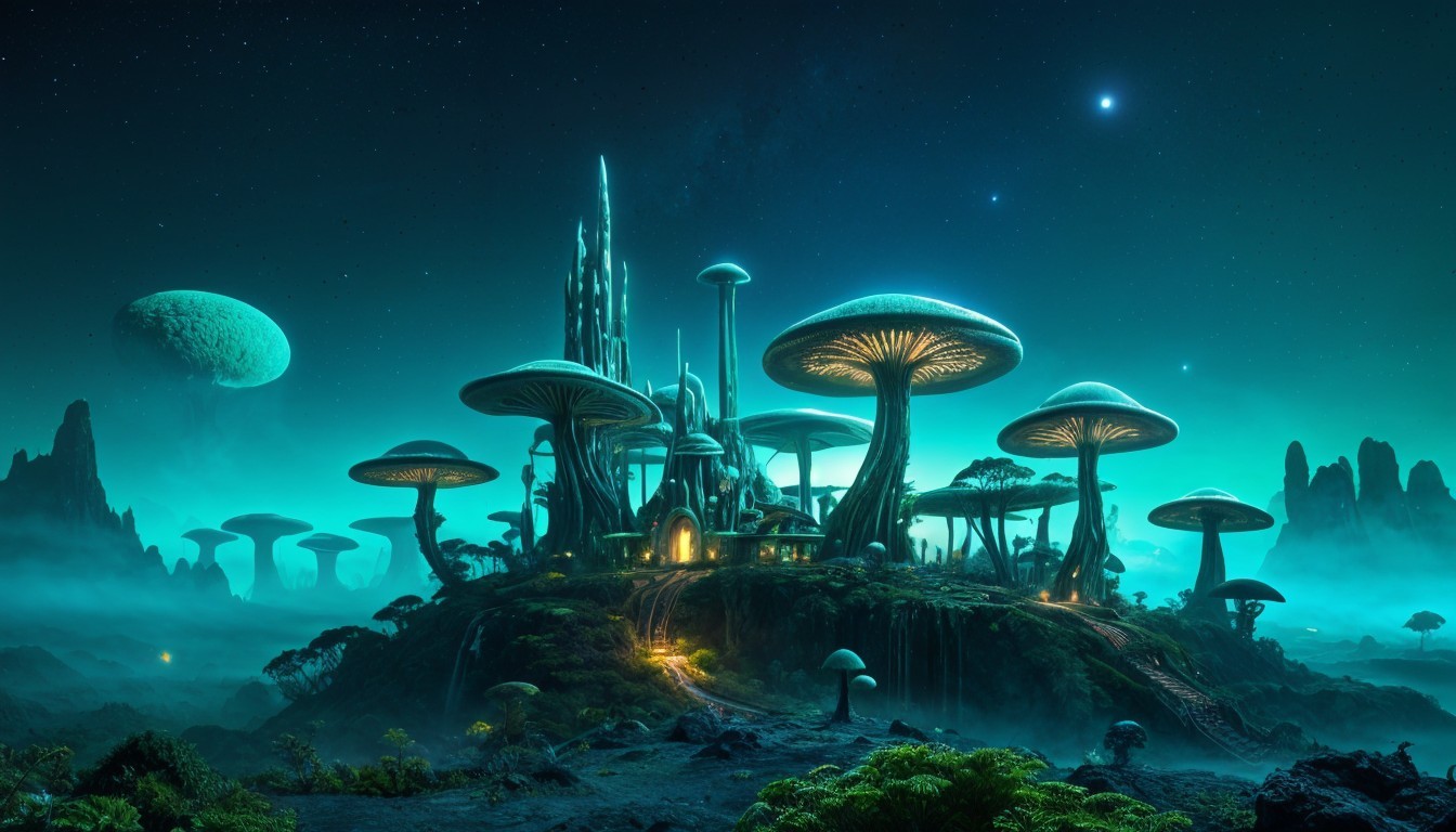 Surreal landscape with bioluminescent mushrooms and city