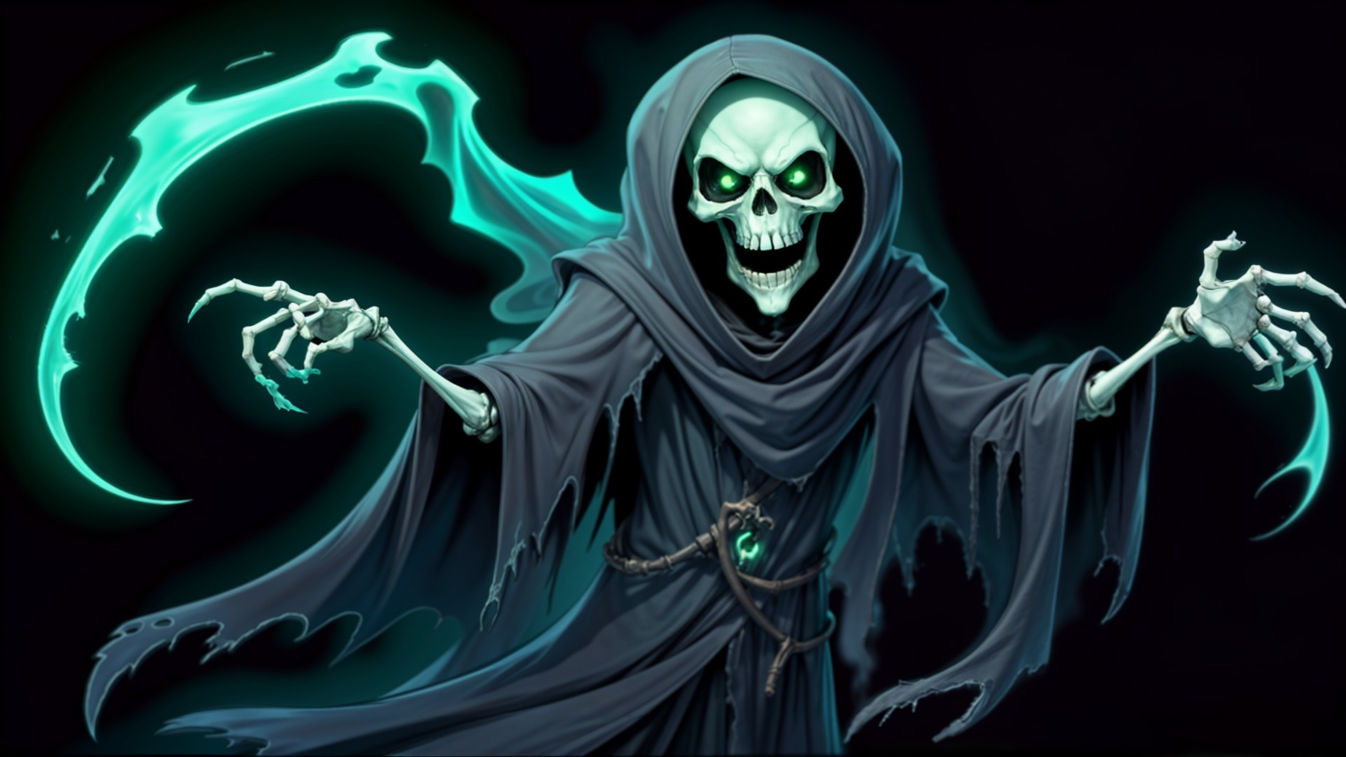 Menacing Skeleton in Tattered Robe with Scythe