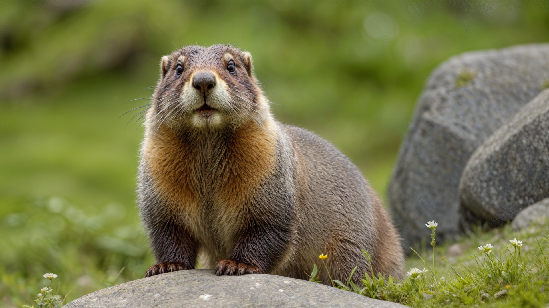 Close-up of a marmot on a rock in grass and flowers