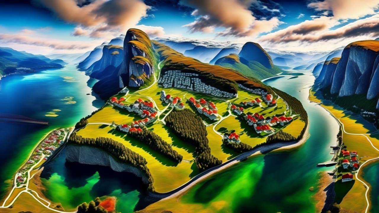 Aerial View of Lush Landscape with Mountains and Water
