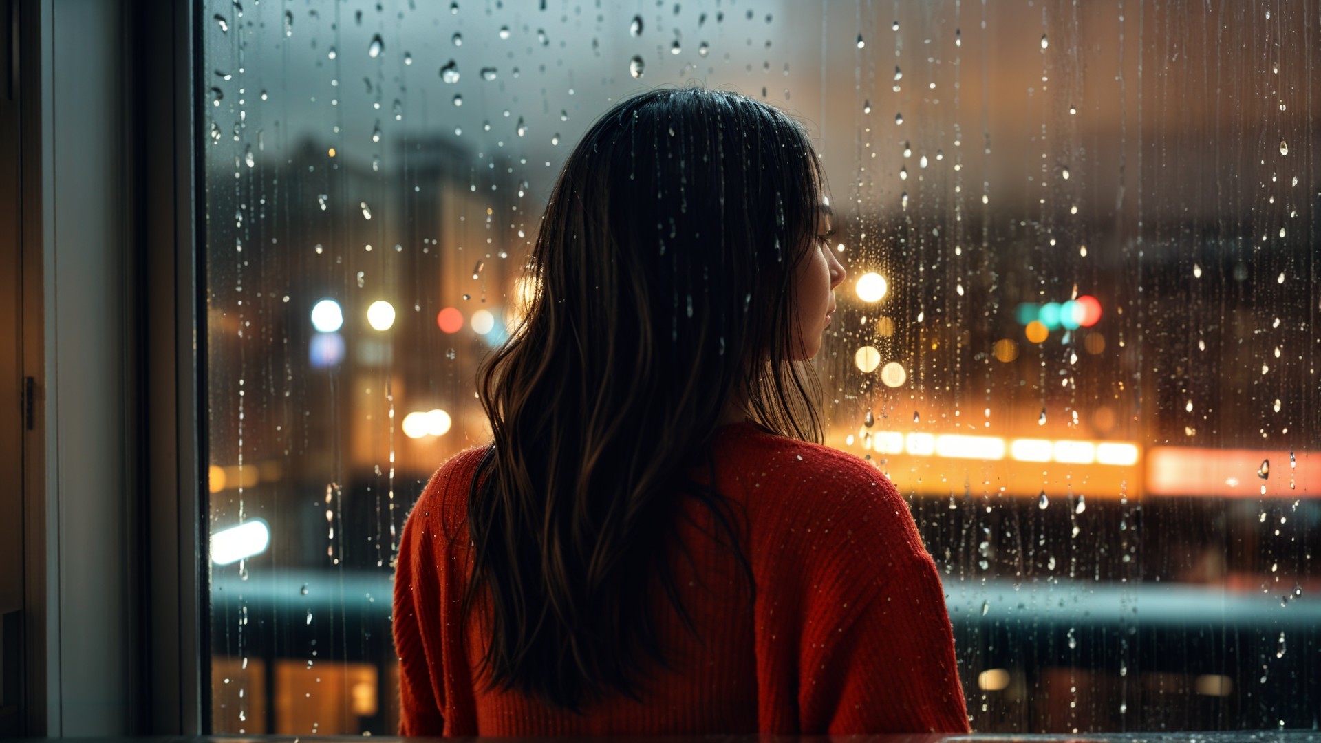 Silhouette of a Woman by a Rainy Window with Cityscape