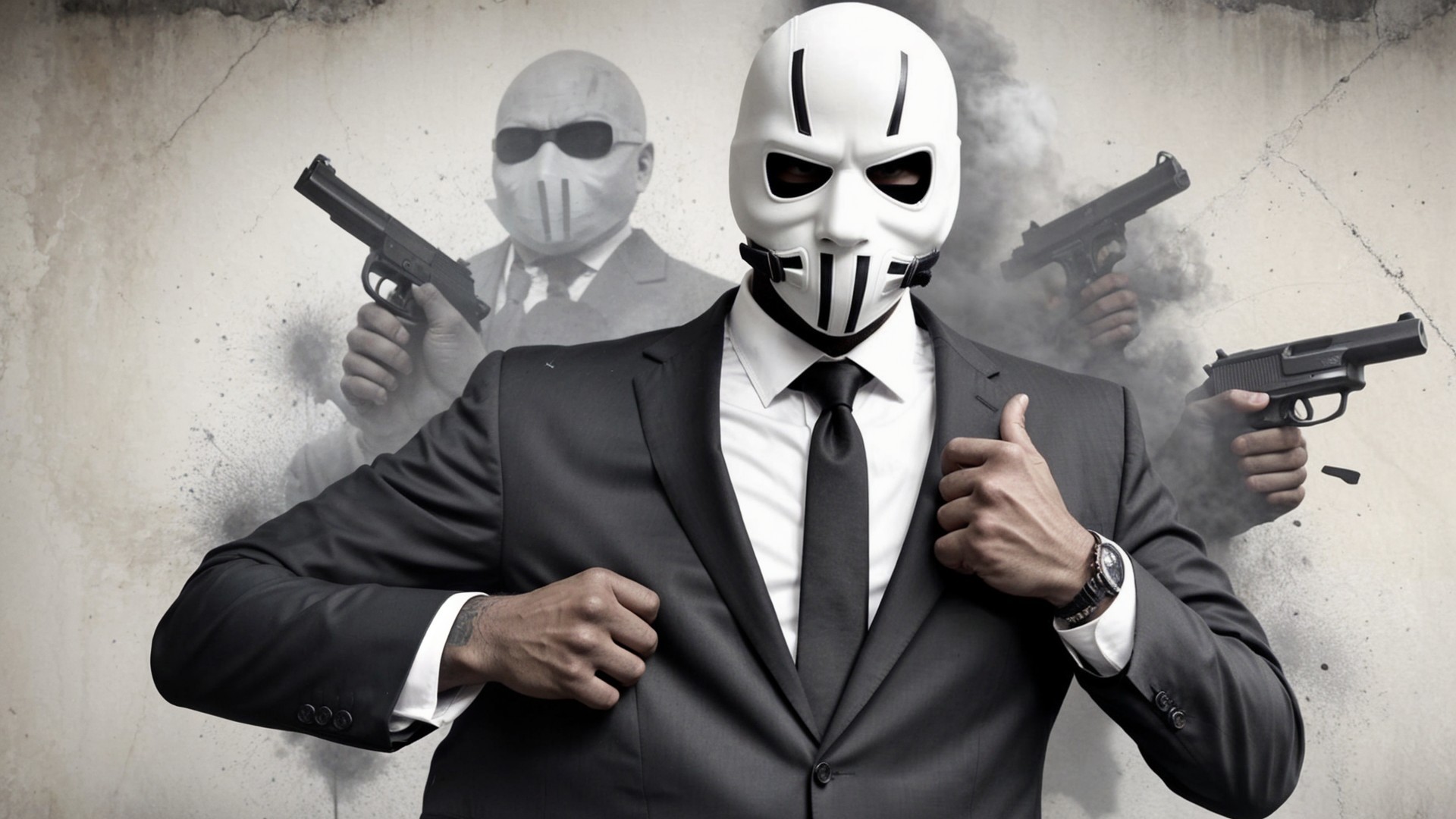 Menacing Figure in Suit Surrounded by Ghostly Apparitions