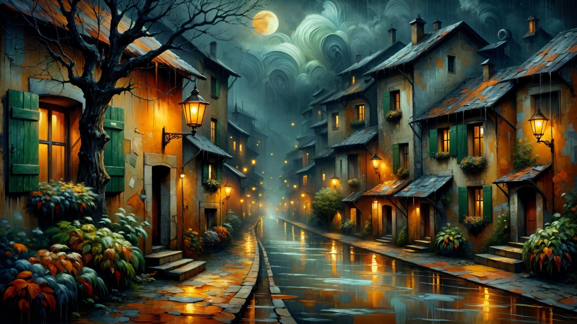 Twilight Street Scene with Quaint Houses and Moonlight