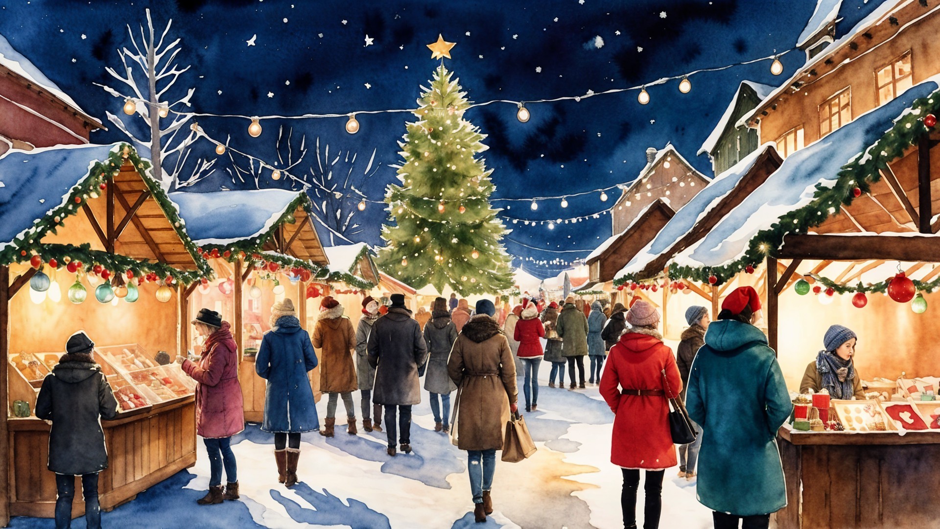 Vibrant Christmas Market Scene Under Starry Night Sky