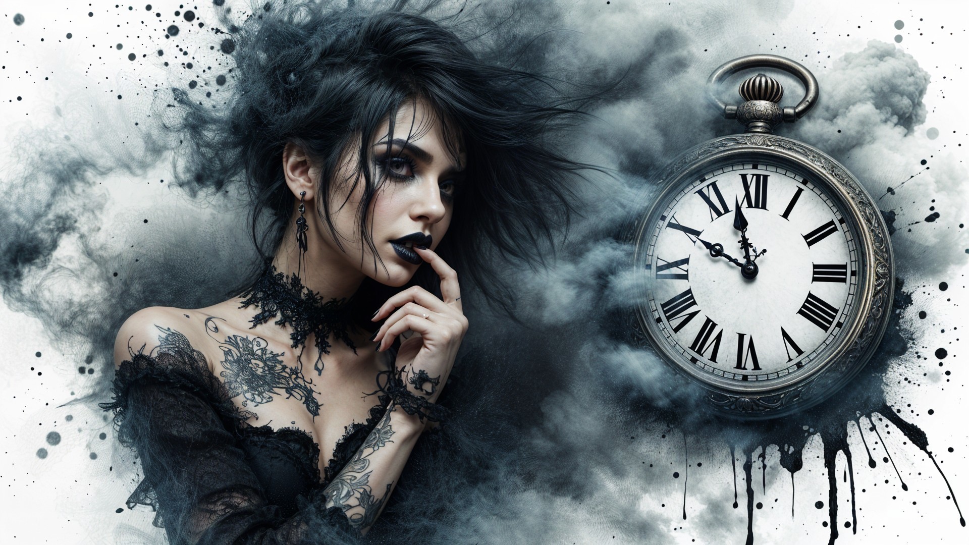 Dark-Themed Portrait of a Woman with Tattoos and Watch