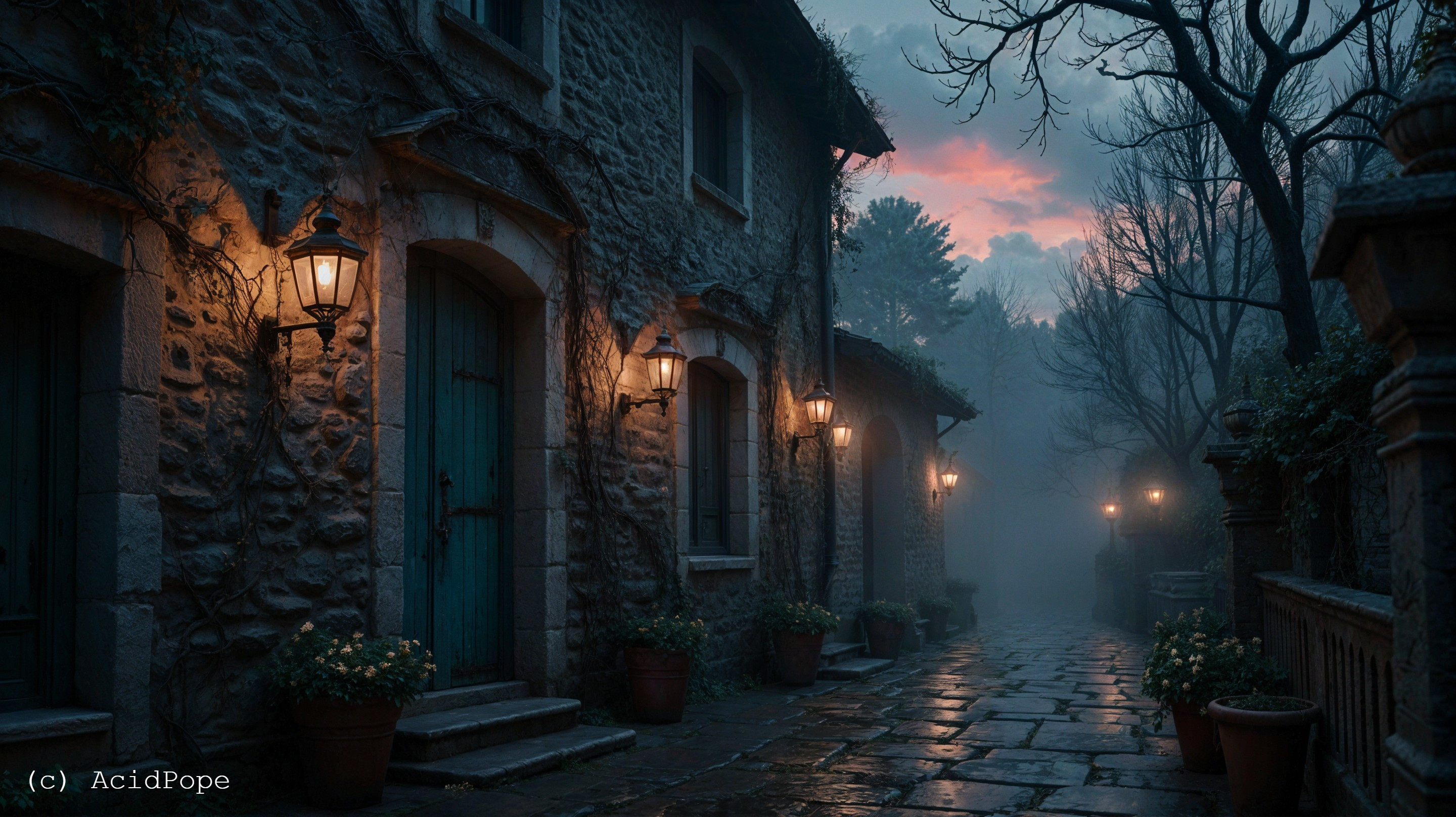Misty Evening Scene with Cobblestone Paths and Lanterns