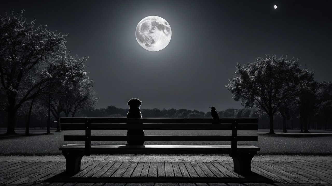 Black and White Night Scene with Dog and Moon