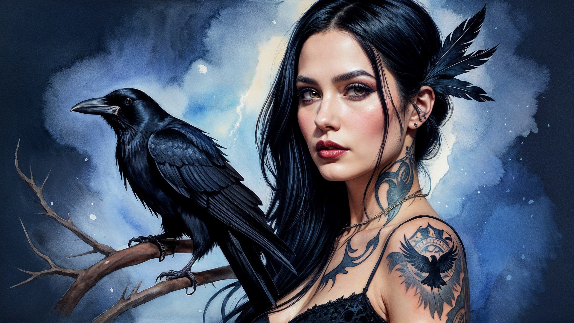 Portrait of a Woman with Raven and Mystical Background