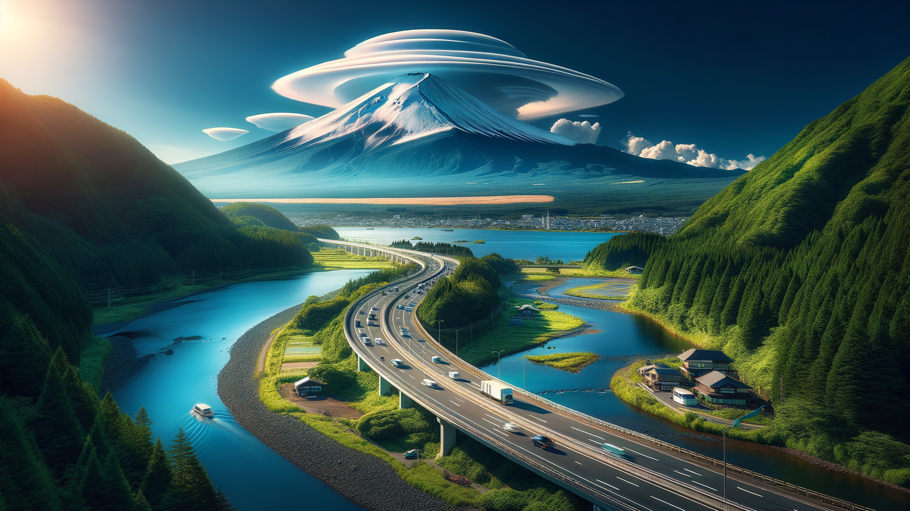 Surreal Landscape with Snow-Capped Mountain and River