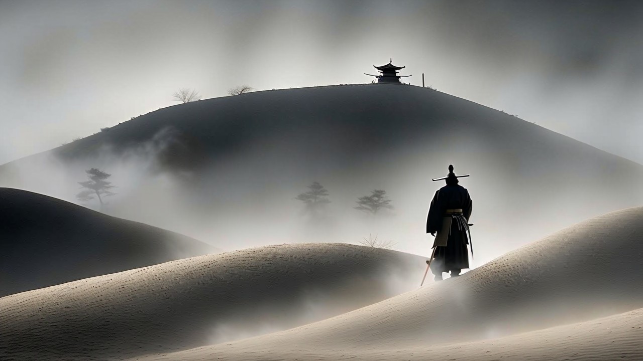 Lone Figure in Traditional Attire on Windswept Dunes