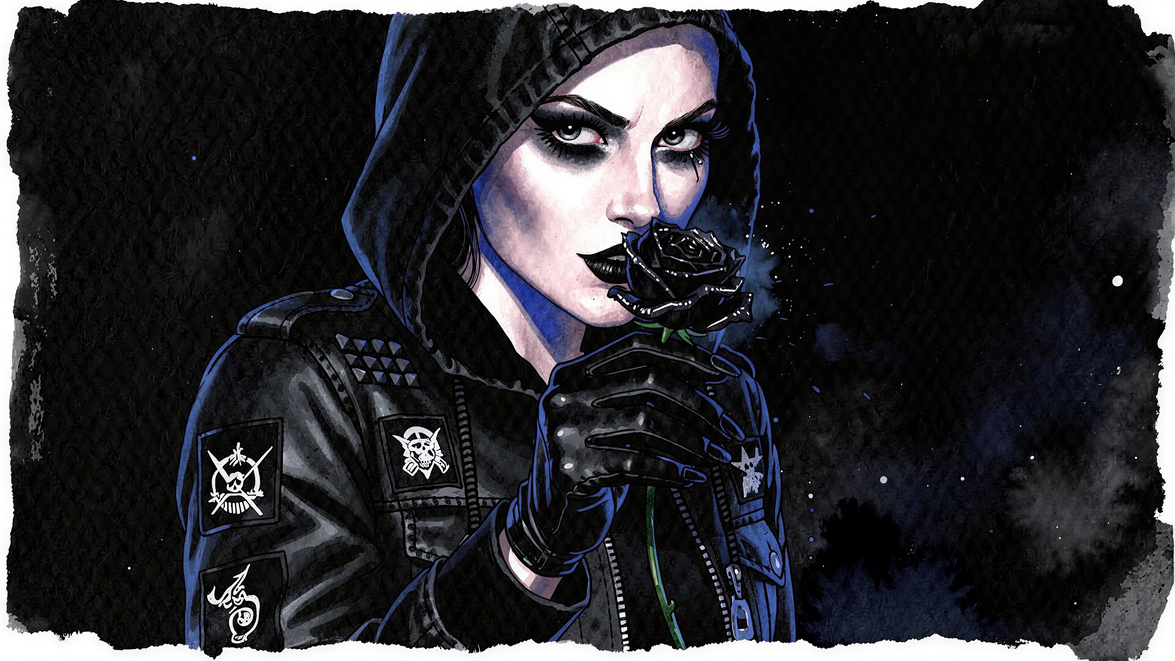 Gothic Woman in Leather Jacket with Black Rose Painting