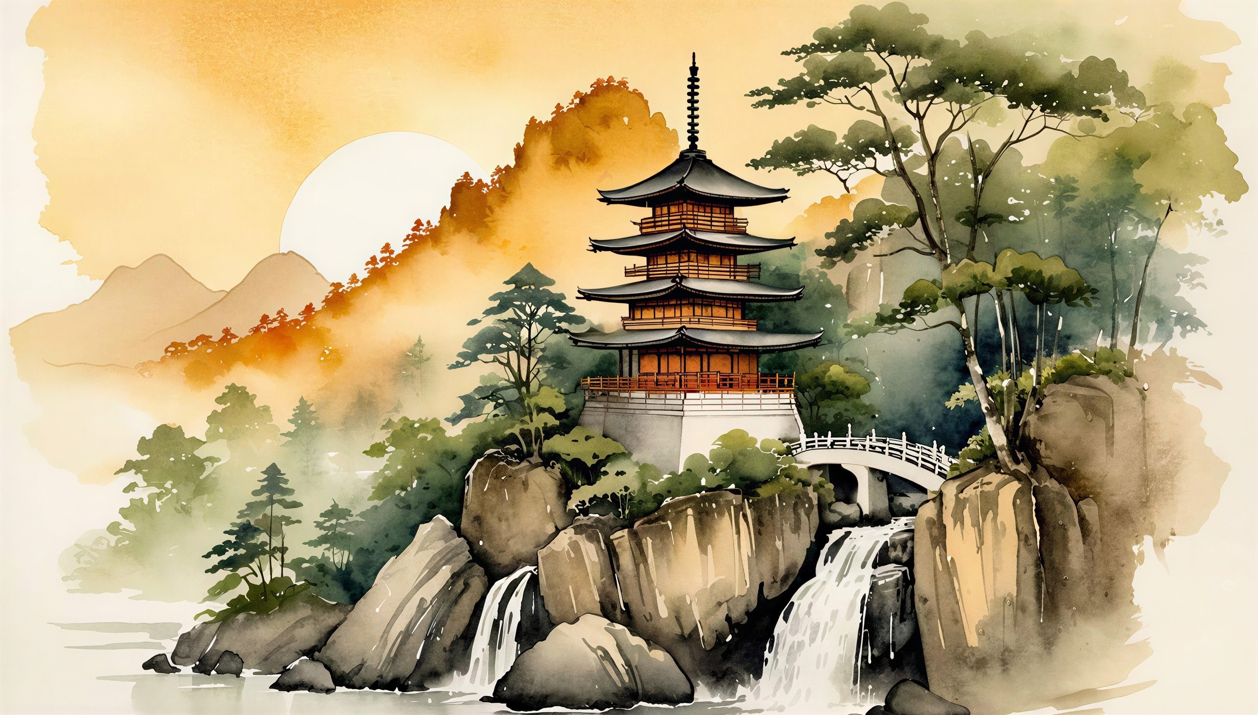 Watercolor of a Japanese Landscape with Pagoda and Waterfall