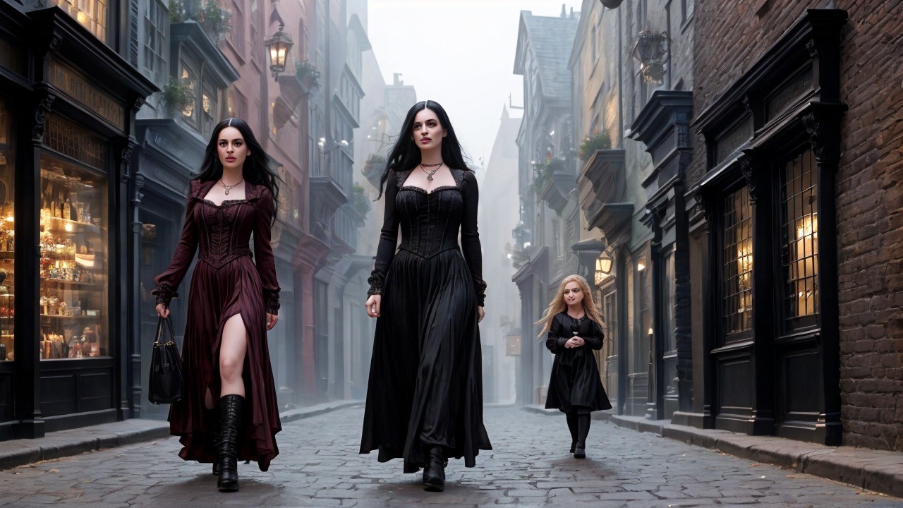 Elegant Women in Vintage Fog-Laden Street Scene