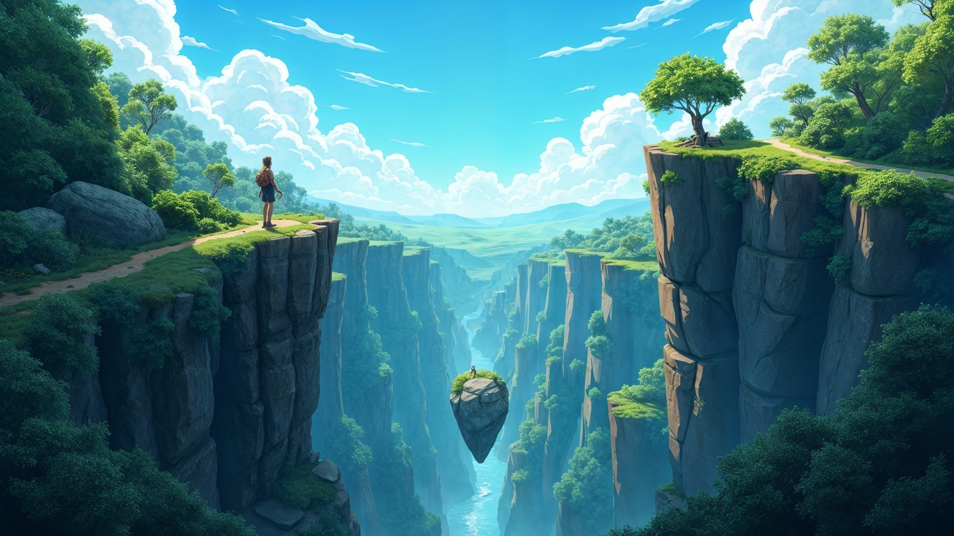 Vibrant Landscape with Figure Overlooking Canyon