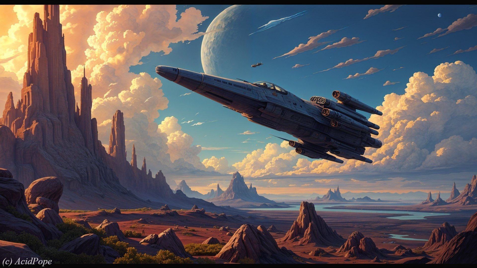 Futuristic Spaceship Over Alien Landscape at Sunset