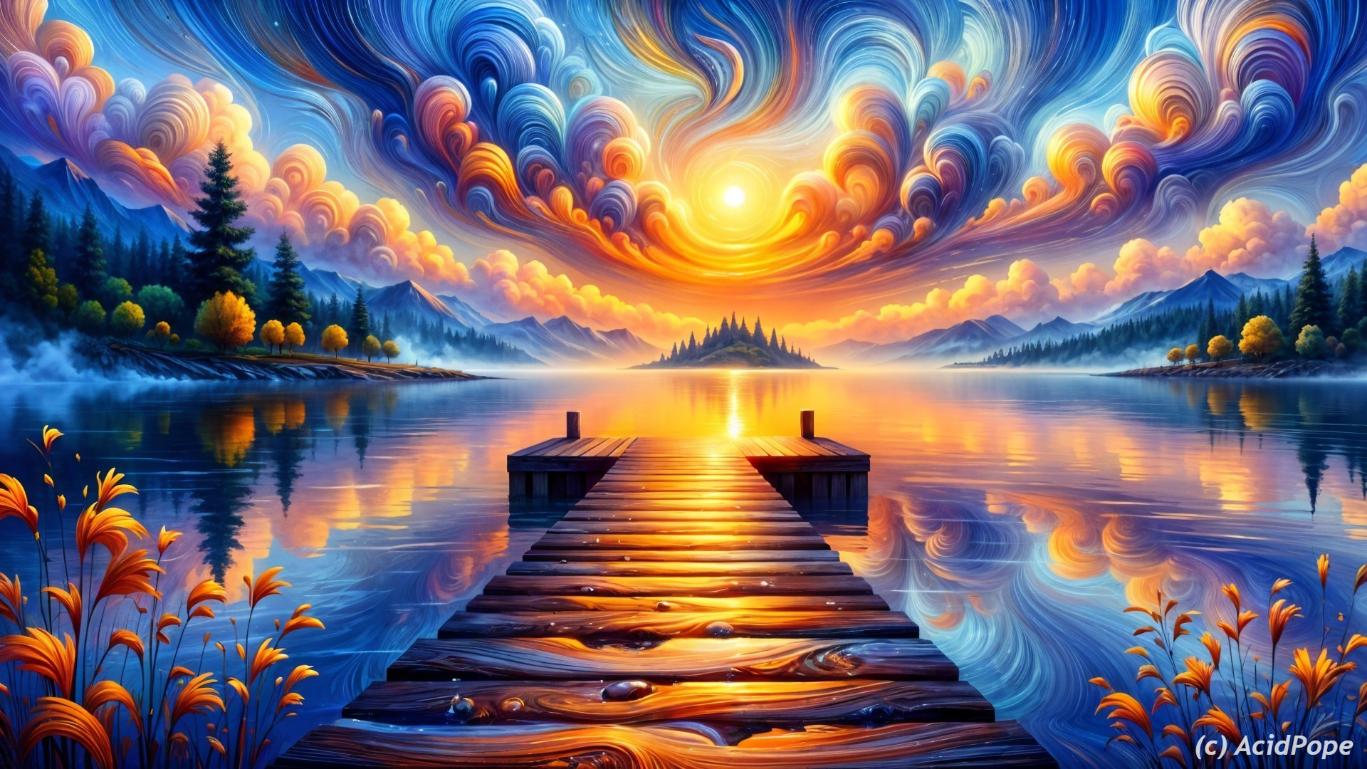 Vibrant Sunset Over Serene Lake and Wooden Dock