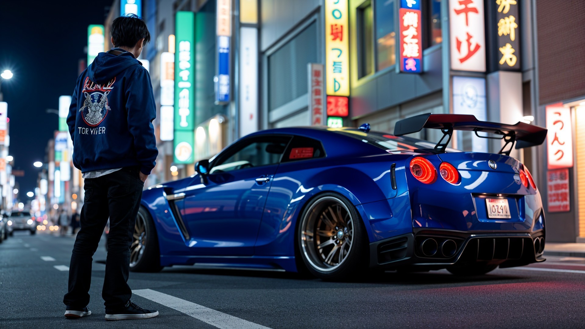 Young man admires blue sports car on city street