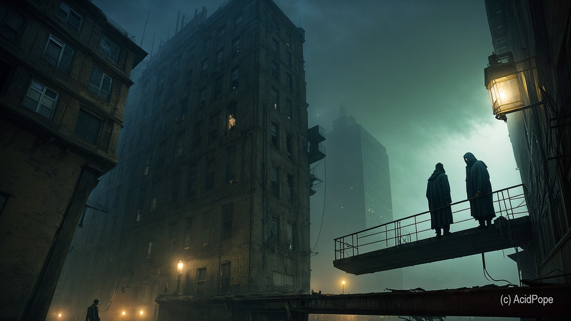 Hooded Figures Overlooking Foggy Urban Landscape