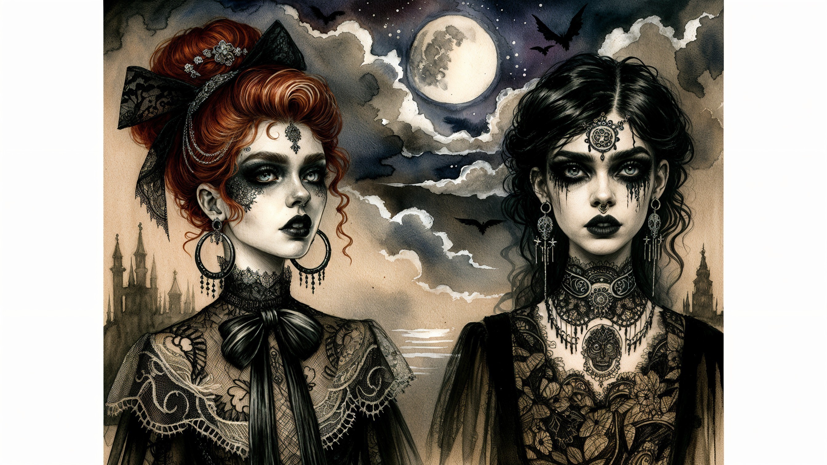 Gothic Women in Lace Attire Against Moonlit Background