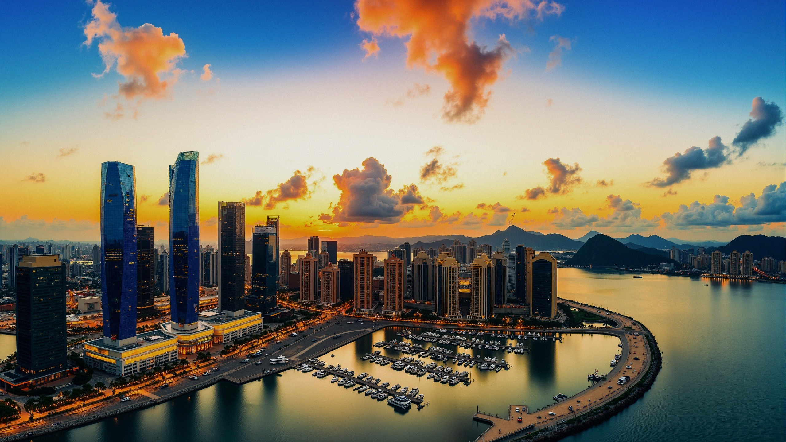 Sunset Skyline with Skyscrapers and Harbor View