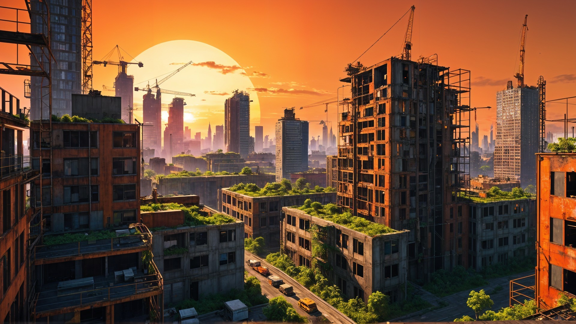 Post-Apocalyptic Urban Landscape at Sunset