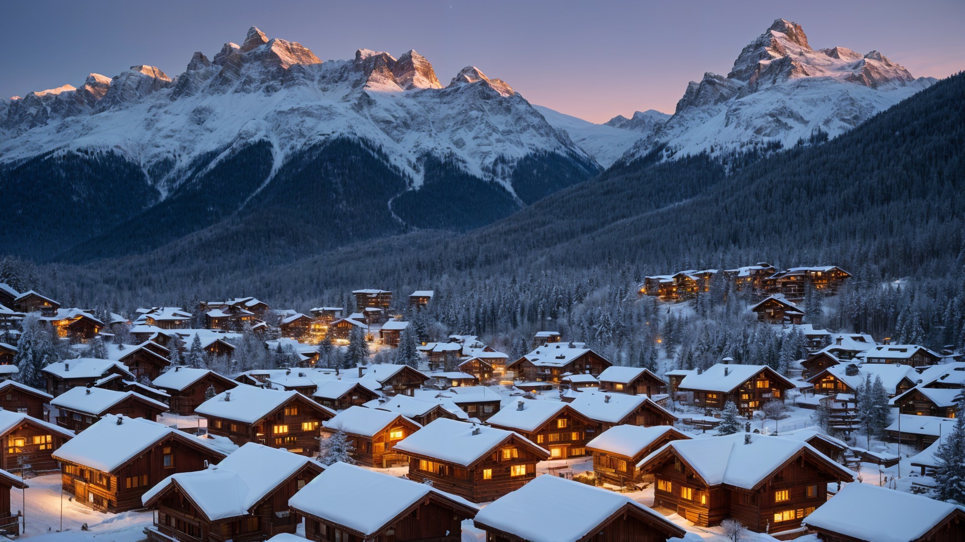 Quaint Village of Chalets in Winter Landscape